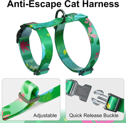 Cat Harness and Leash Set with Matching Collar – Escape Proof Harness for Cats, Adjustable & Lightweight, Tropical Hawaiian Leaf Print, Easy Wear for Outdoor Walking & Training