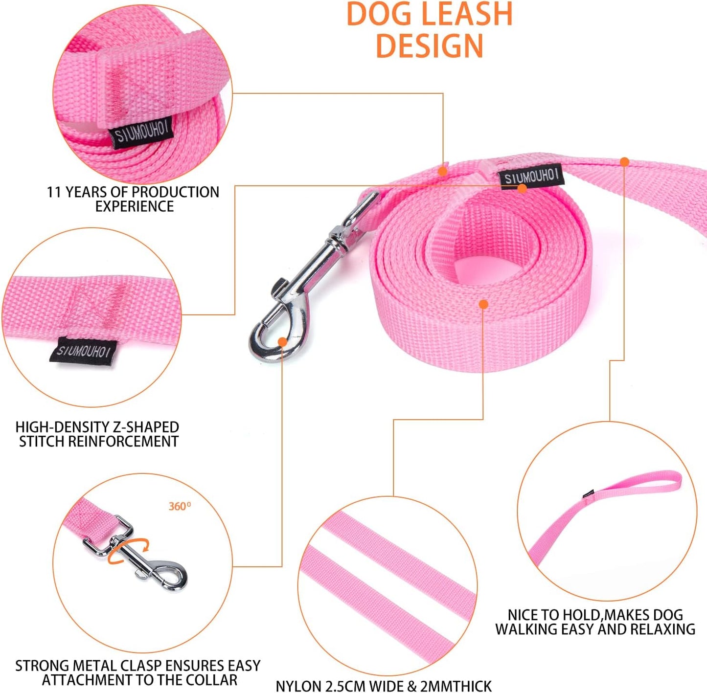 Strong Durable Nylon Dog Training Leash, 1 Inch Wide Traction Rope, 6 ft Long, for Small and Medium Dog (Pink, 6 Feet)