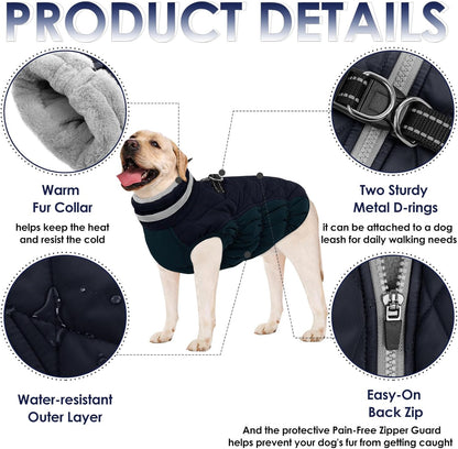 AOFITEE Dog Coat, Warm Dog Winter Coat, Reflective Turtleneck Large Dogs Jacket with Harness Built in, Turtleneck Pet Winter Jacket, Waterproof Pet Snow Jackets Fleece Vest, Navy XL