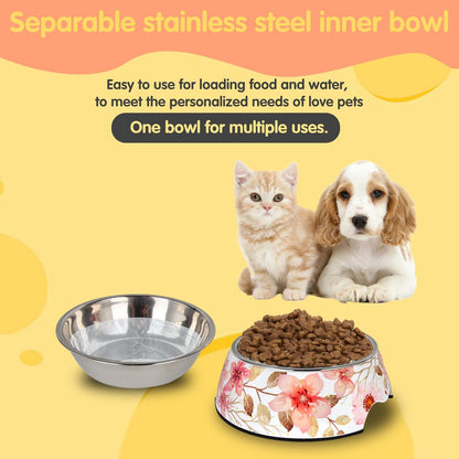 Pet Cats Dogs 2 in 1 Food Water Bowls - Non Slip Skid Proof Heavy Duty Pet Cats Dog Food Water Bowls for Feeding Drinking Small Medium Large Dogs Cats Puppies (Pink Flower, M:14 OZ)