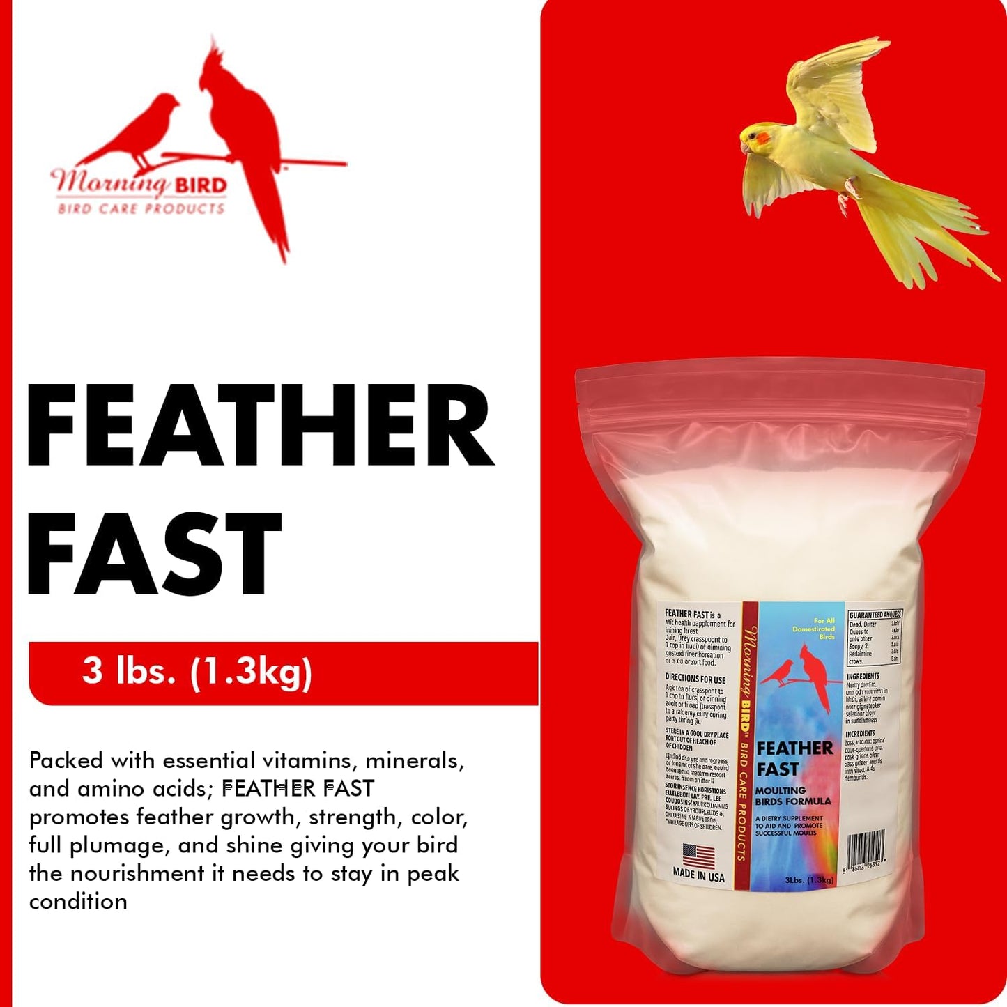 Morning Bird Feather Fast 3 lbs – Multi-Vitamin During Molt - Molting Support Supplement for Bird – Amino Acid & Vitamin Powder Formula– Promotes Feather Growth, and Full Plumage – for All Adult Birds