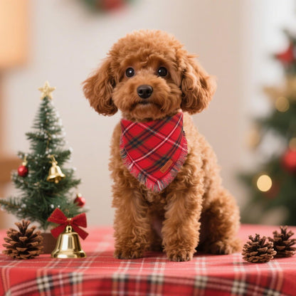 PTDECOR Christmas Dog Bandanas with Tassels Edges, Stylish Red Green Plaid Scarf Bib, Multiple Size, Reversible Triangle Christmas Bandanas for Small Dogs Puppies Cats(Small)