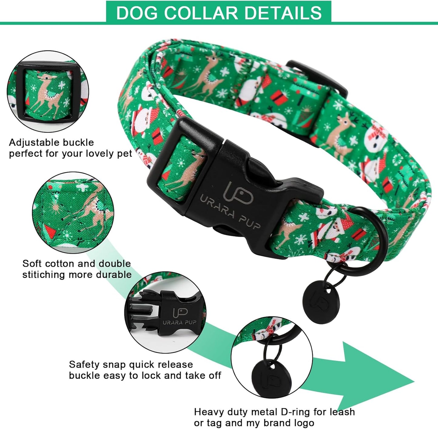 Christmas Santa Claus Dog Collar, Cute Christmas Elk Collar for Puppy Girl Boy Dog, Adjustable Green Dogs Collars for Small Medium Large Dogs