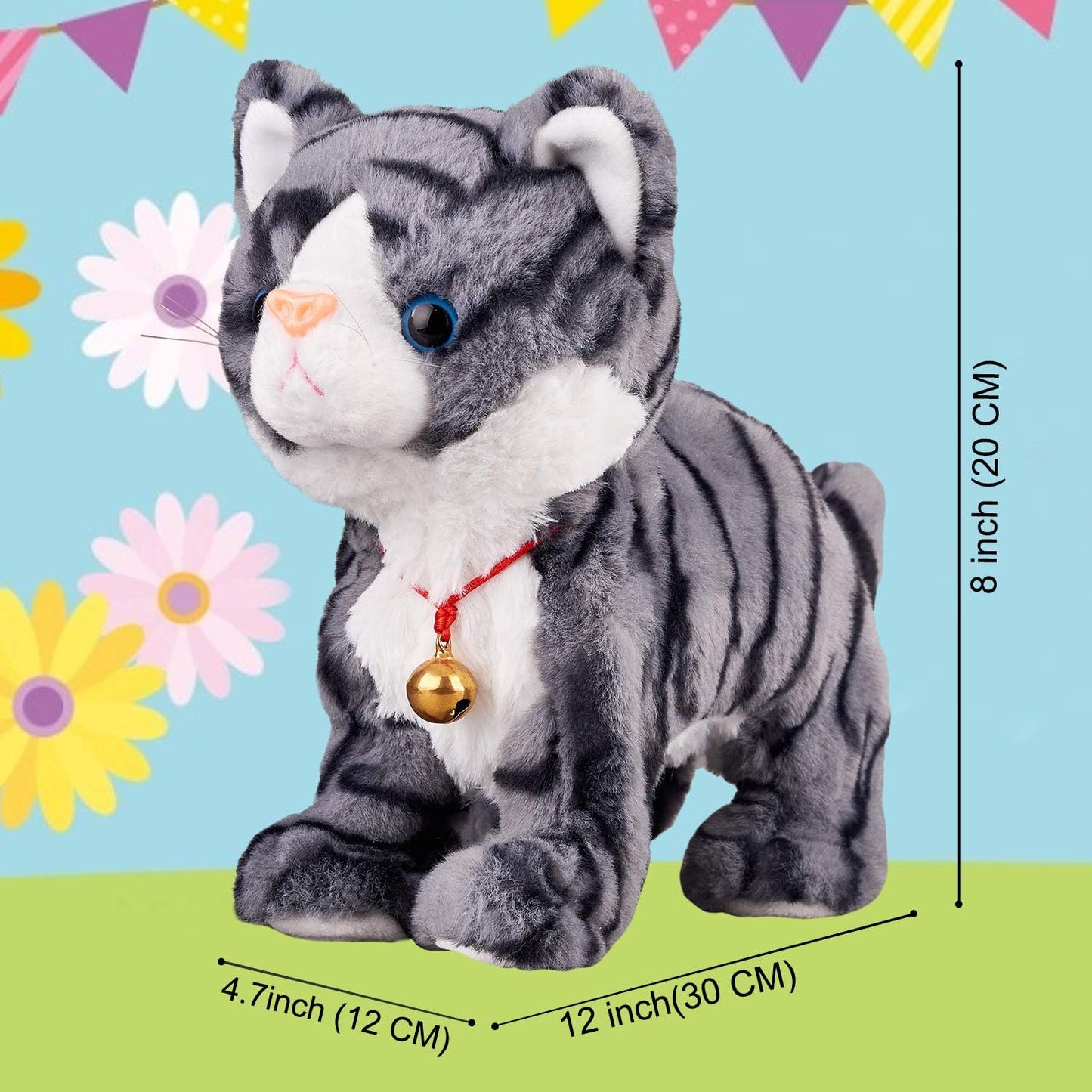 Pattern Gray Robot Cat Plush Cat Stuffed Animal Interactive Cat, Meow Kitten Touch Control, Electronic Cat Pet, Robotic Cat Cat Kitty Toy, Animated Toy Cats for Girls Baby Kids L:12"