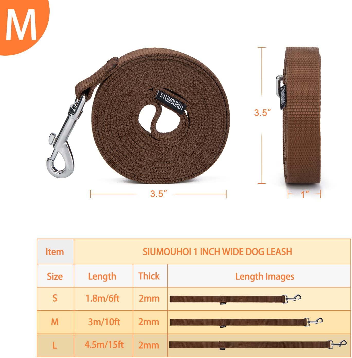 Strong Durable Nylon Dog Training Leash, 1 Inch Wide Traction Rope, 6 ft 10ft 15ft Long, for Small and Medium Dog (Brown, 10 Feet)