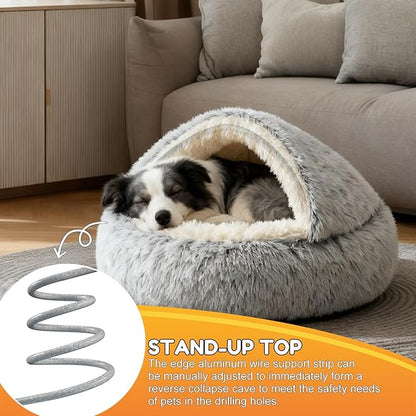 2-in-1 Dog Bed: Upgraded Aluminum Rim Support & Non Slip Bottom - Cozy Cave + Blanket for Large Medium Dogs Under 20 kg (44 lbs) | Plush Self-Heating for Border Collie, Labs