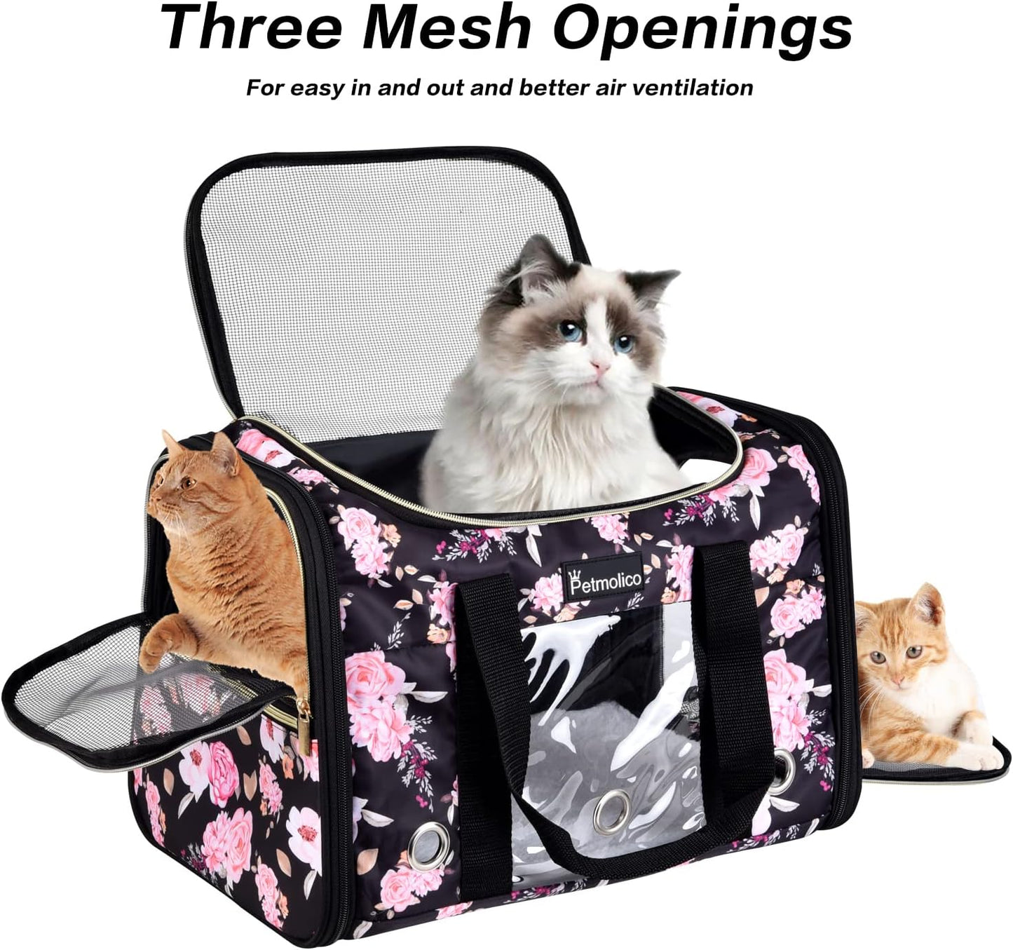Petmolico Cat Carrier Soft-Sided Pet Bag for Small Medium Cats Puppies 16LBs - Airline Approved Cat Travel Carrier 3 Open Doors (Large,Pink Peony)