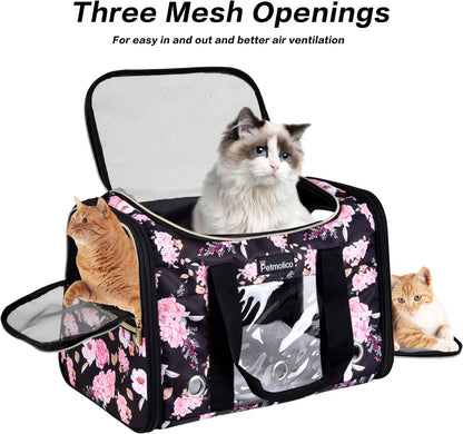 Petmolico Cat Carrier Soft-Sided Pet Bag for Small Medium Cats Puppies 16LBs - Airline Approved Pet Travel Carrier 3 Open Doors (Medium,Pink Peony)