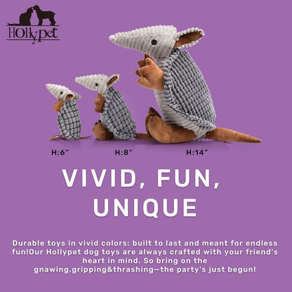 Hollypet Plush Dog Squeaky Toy Stuffed Armadillo Animal Pet Puppy Chew Toys with Clean Teeth for Small Medium Large All Breed Sizes Dogs, Dark Gray, 6 in