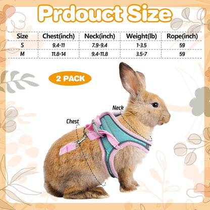 PINVNBY 2 Pack Bunny Hsrness and Leash Set Adjustable Rabbit Harness with Reflective Strips Double Buckle Pet Vest Eescape Proof for Small Rabbit Kitten Puppy Walks Accessories (Pink Green, M)