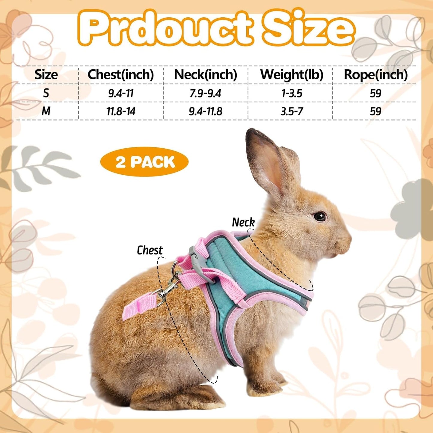 PINVNBY 2 Pack Bunny Hsrness and Leash Set Adjustable Rabbit Harness with Reflective Strips Double Buckle Pet Vest Eescape Proof for Small Rabbit Kitten Puppy Walks Accessories (Pink Green, S)
