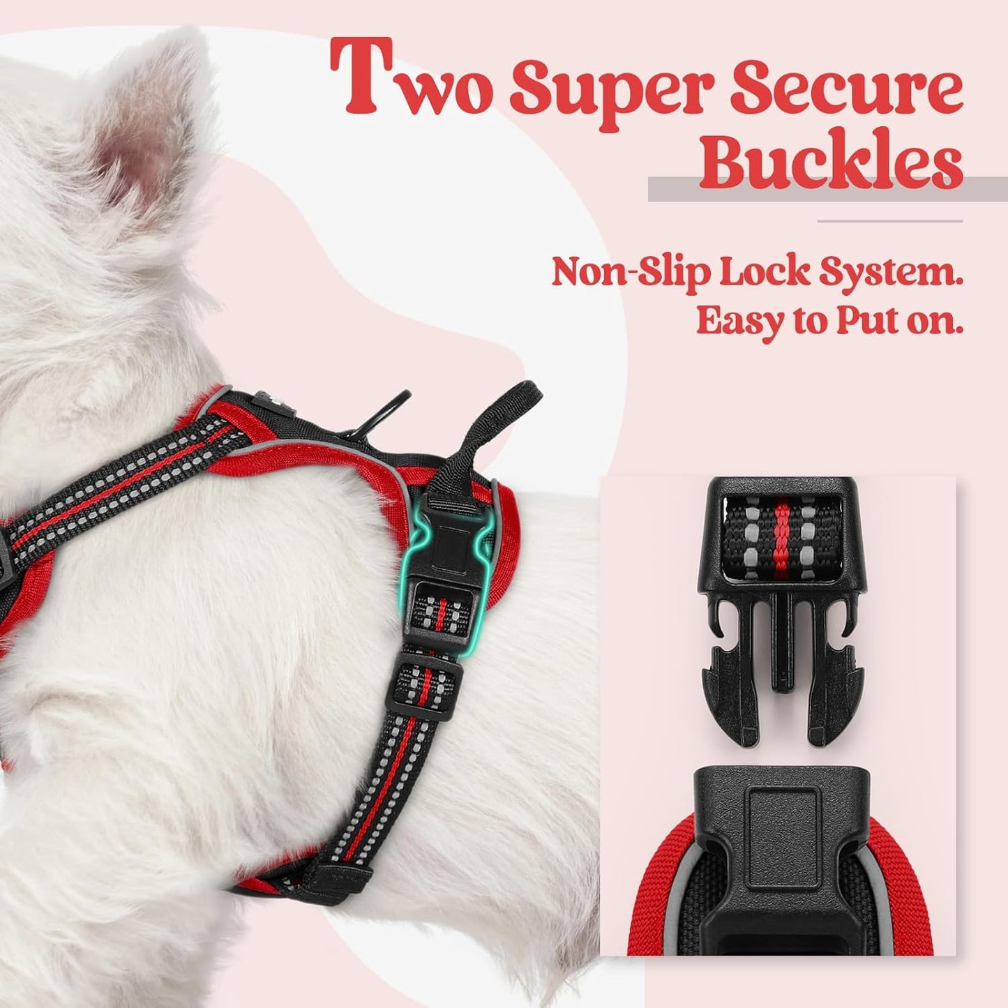rabbitgoo Dog Harness No Pull with 2 Leash Clips, Adjustable Soft Padded, Reflective Oxford No Choke Pet Vest with Easy Control Handle for Puppy, Black & Red, XS