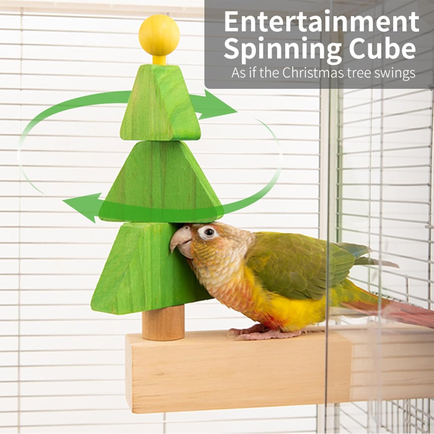 Bird toys & Bird Perch, Bird Wooden Block Chewing Toy Parrot Foraging & Puzzle Toys Bird Cage Accessories for Conures Parakeets Cockatiels Lovebirds African Grey Macaws (Revolving Christmas Tree)