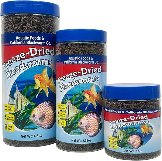 Aquatic Foods Inc. Bloodworms, Grade A Freeze Dried Floating Bloodworms for Cichlids, Discus, Goldfish, Bettas, Angel Fish, Marine Fish, 12-Type Pellet Mix & 4-Type Wafer Mix Included..4.6oz Canister