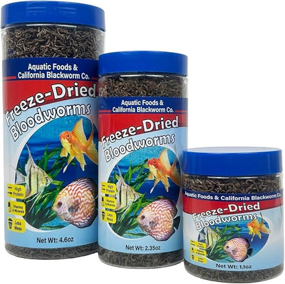 Aquatic Foods Inc. Bloodworms, Grade A Freeze Dried Floating Bloodworms for Cichlids, Discus, Goldfish, Bettas, Angel Fish, Marine Fish, 12-Type Pellet Mix & 4-Type Wafer Mix Included..1.0oz Canister
