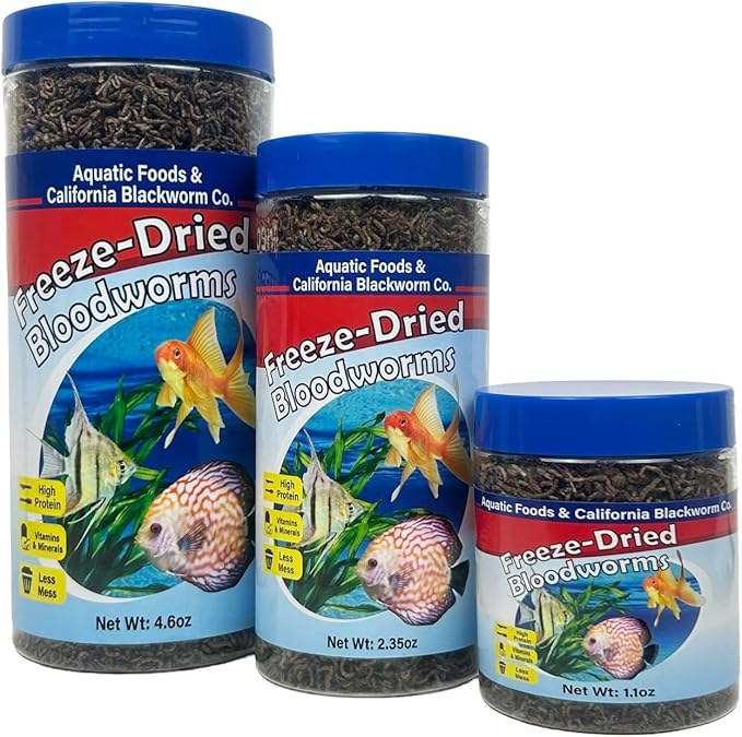 Aquatic Foods Inc. Bloodworms, Grade A Freeze Dried Floating Bloodworms for Cichlids, Discus, Goldfish, Bettas, Angel Fish, Marine Fish, 12-Type Pellet Mix & 4-Type Wafer Mix Included..2.35oz Canister