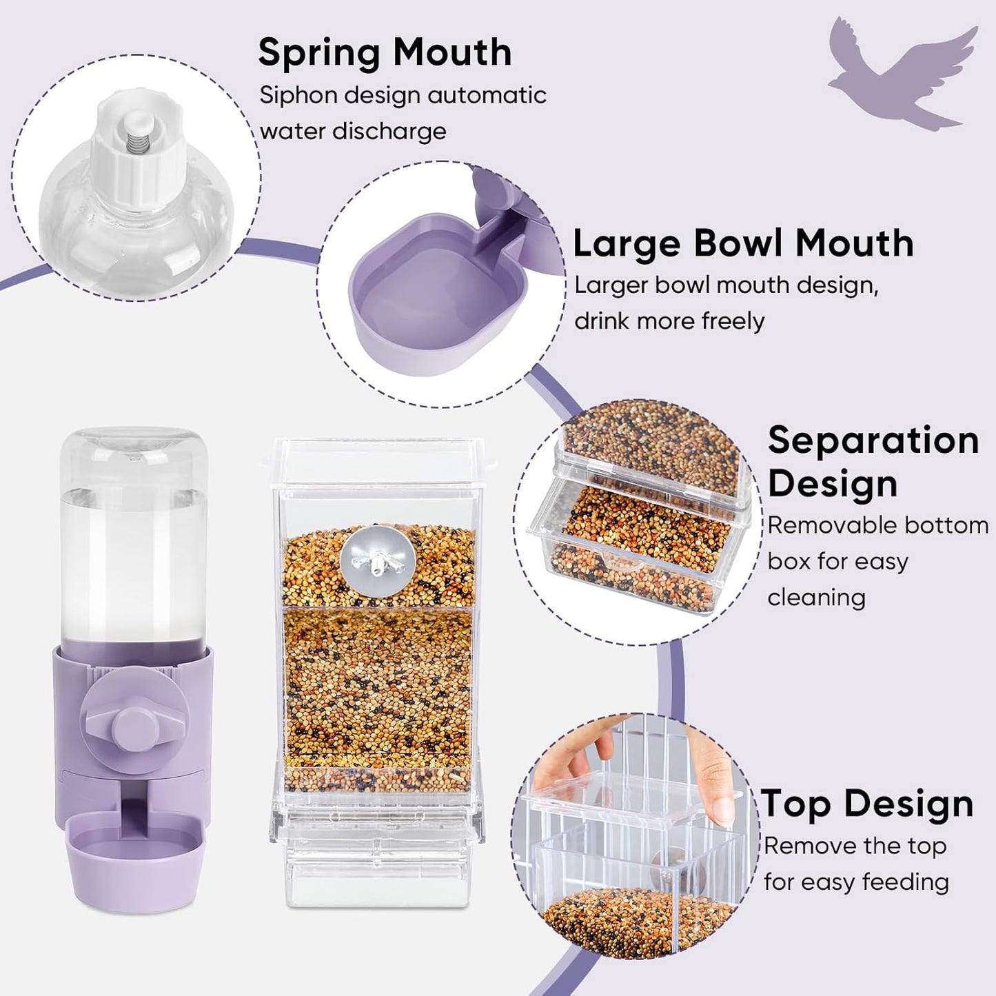 No Mess Bird Feeder Water Dispenser Set, Bird Feeder for Cage, Cage Accessories for Cockatiels, Finches, Budgies and Canaries