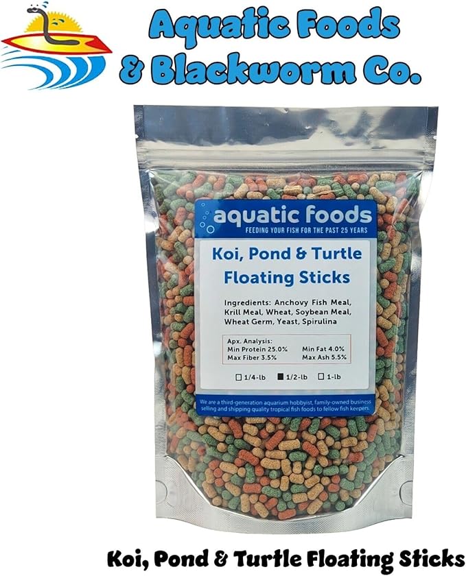 Aquatic Foods Inc. Koi, Pond & Turtle 7/16" x 5/32" 25% Protein Floating Sticks. Spirulina, Color Enhancing & Wheat Germ Sticks for Koi, All Pond Fish, Aquatic Turtles...WL…1/2-lb Foil Pouch Bag