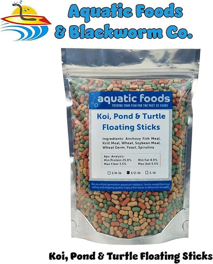 Aquatic Foods Inc. Koi, Pond & Turtle 7/16" x 5/32" 25% Protein Floating Sticks. Spirulina, Color Enhancing & Wheat Germ Sticks for Koi, All Pond Fish, Aquatic Turtles...WL…1/2-lb Foil Pouch Bag