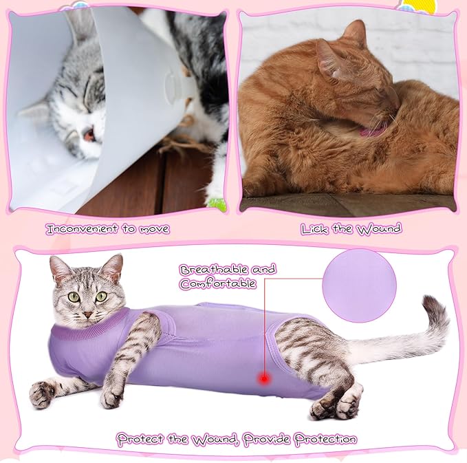 Nuanchu 3 Pieces Cat Recovery Suit Kitten Recovery Suit E-Collar Alternative for Cats and Dogs Abdominal Skin Anti Licking Pajama Clothes Sets(Small,Solid Style,Purple Pink Blue)
