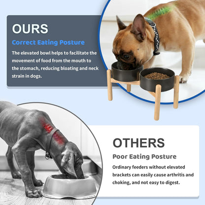 SPUNKYJUNKY Ceramics Raised Dog Bowls with Wooden Stand - Elevated Dog Feeding Set (Double 28.7OZ, Black)
