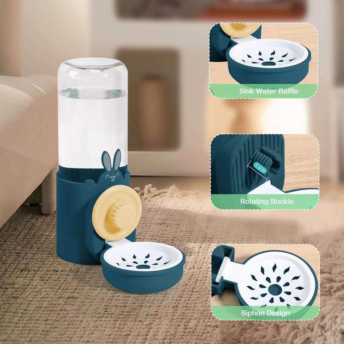 Hanging Automatic Pet Water Dispenser, Auto Siphon Rabbit Ferret Bunny Hedgehog Waterer Dispenser, Cat Dog Water Bowl for Cage Hanging (Dark Blue)