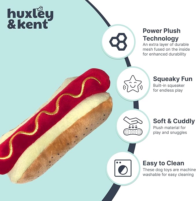 Huxley & Kent Funny Dog Toy w/Squeaker – Power Plush Squeaky Dog Toys for Small, Medium & Large Dogs – Soft Stuffed Animal for Indoor Play & Fetch - Haute Dog, Large