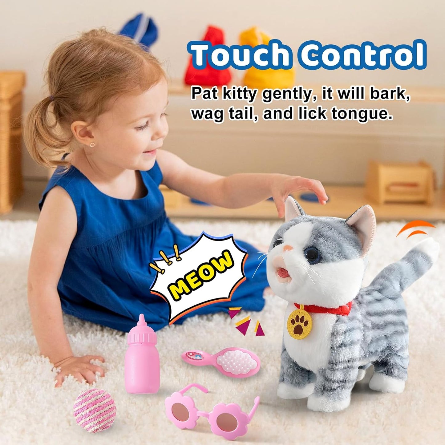 Gray Walking Cat Set Interactive Toy Cat for Girl Repeat What You Say Toy Kitten Talking Singing Dancing Touch Control Robot Cat Toy for Kid with Leash Wagging Tail Nodding Plush Electric Kitty