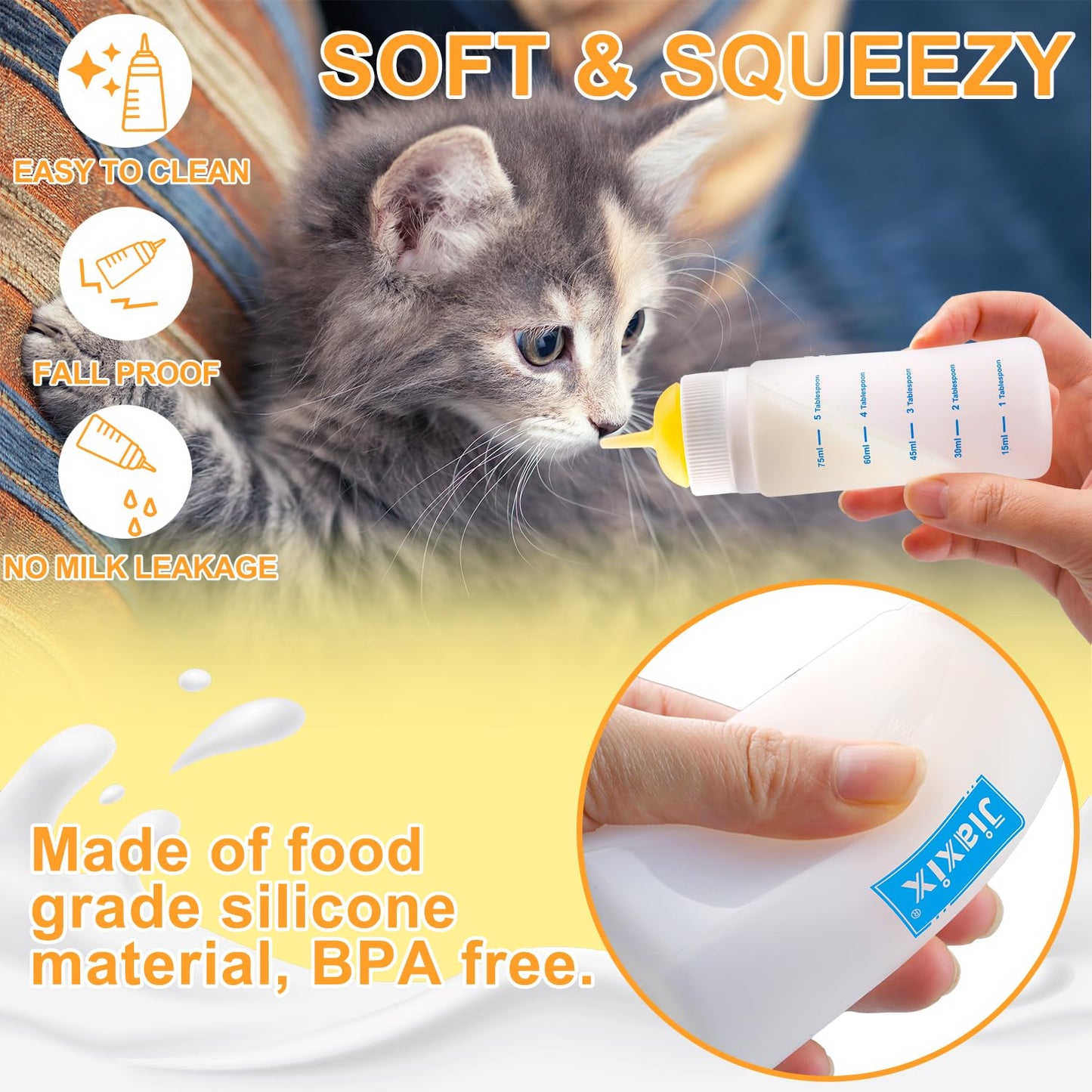 3 Pack Kitten Silicone Bottle Feeding Kit,Nipple & Feeding Kit for Kittens, Reusable Newborn Kitten Supplies, Suitable for Feeding Kitten, Puppy, Rabbit,Hamster (Yellow, Medium)