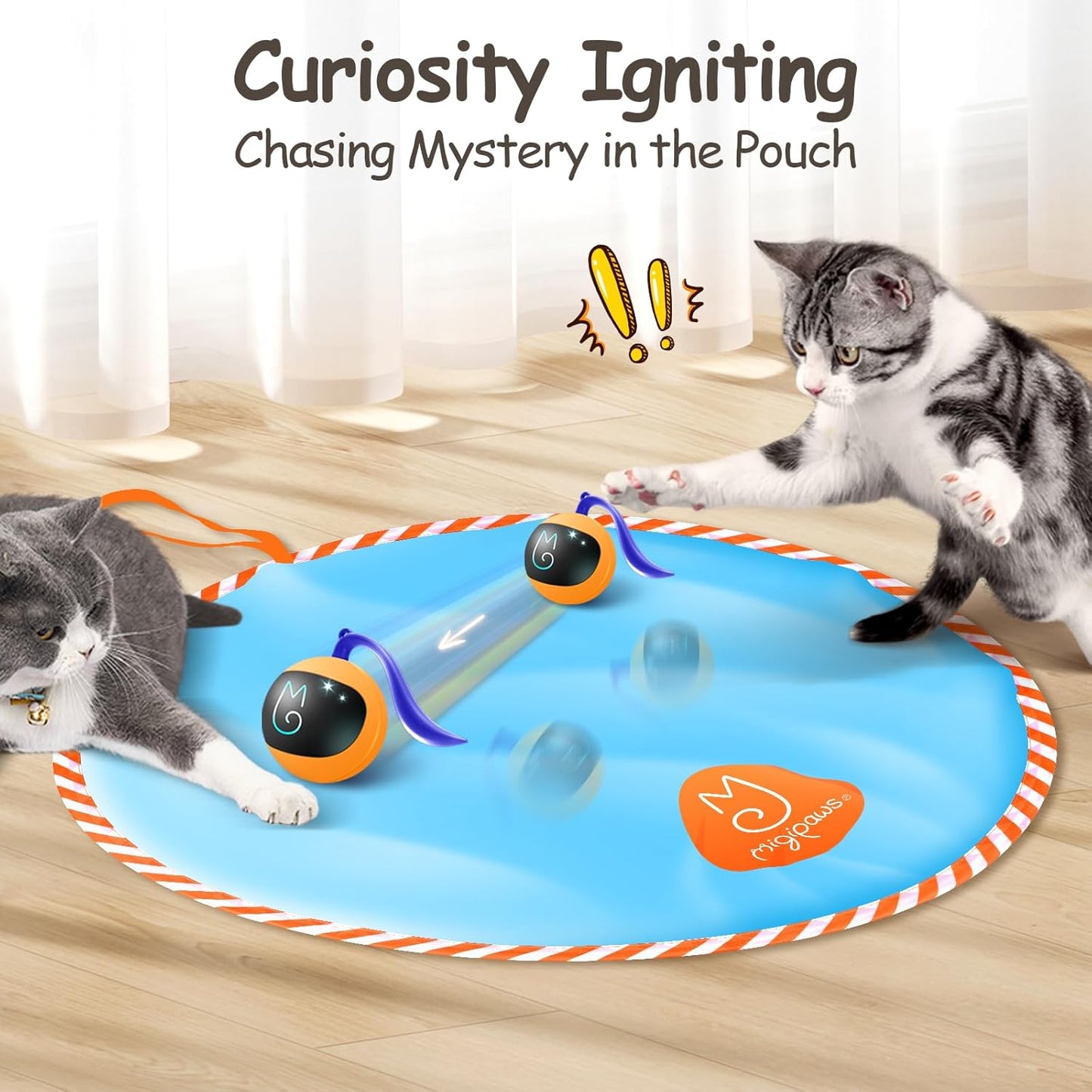 Migipaws Interactive Cat Ball Toy Set, Fun Tracker, Glowing Chase Ball with MystiChaser Pouch, Fluffy Tail, A Small Mice (Orange)