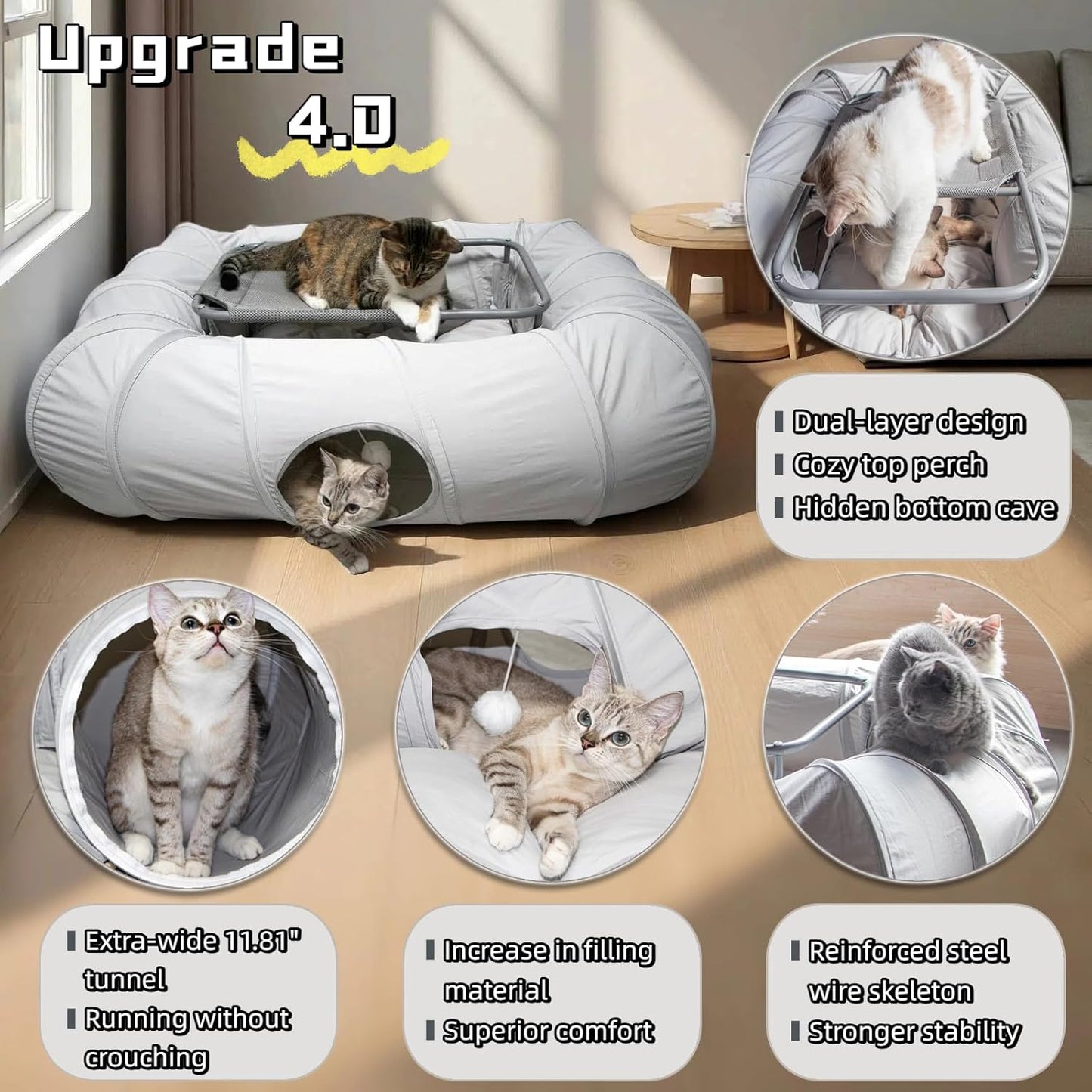 XxingSheep 2-Tier Cat Tunnel & Hammock Bed XXL, 4 Cave Shuttle with Elevated for Multiple Cats Toy Light Grey
