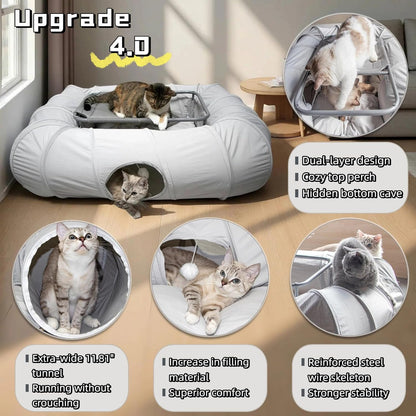 XxingSheep 2-Tier Cat Tunnel & Hammock Bed XXL, 4 Cave Shuttle with Elevated for Multiple Cats Toy Light Grey