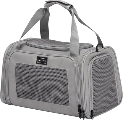 PETSFIT Cat Carrier Airline Approved, Soft Carrier for Small and Medium Cats Under 12 Lbs, Soft Cat Travel Bag, Kitten Carrier with Extendable Mat, Grey
