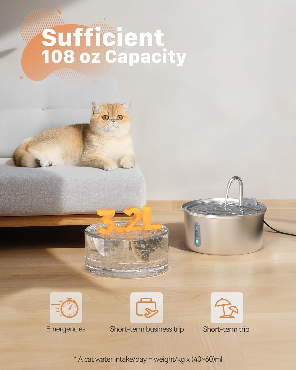 Cat Water Fountain Stainless Steel: 108oz/3.2L Cat Fountain for Drinking - Pet Water Fountain for Cats Inside - Automatic Cat Water Dispenser Bowl - Cat Feeding & Watering Supplies 6 Filters 3 Sponges
