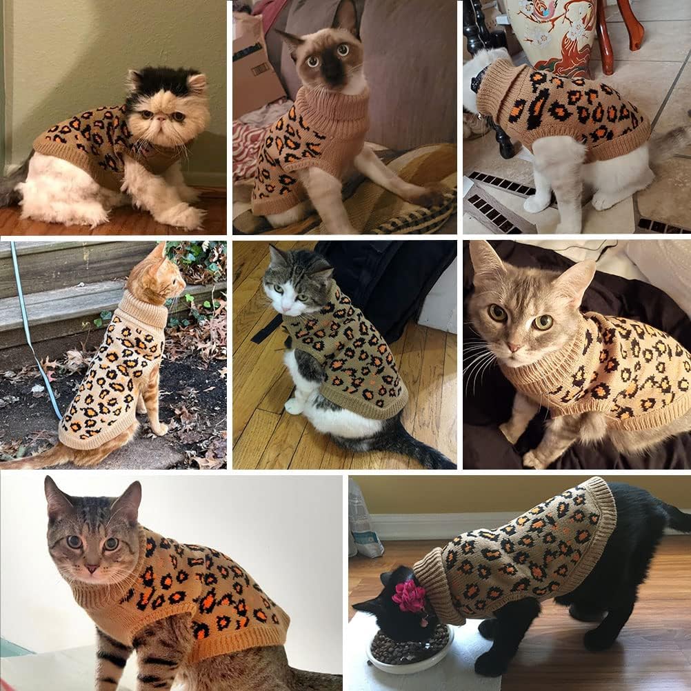 Mihachi Winter Warm Cat Sweater Turtleneck Puppy Pets Sweater Knit Vest Fashion Leopard for Cats Puppy Small Animals Brown Medium