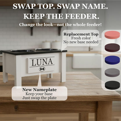 GrooveThis Woodshop - Personalized Elevated Dog Bowl Stand for Large, Medium, Small, X-Small Dogs - Stainless Steel Food and Water Bowls - Raised Dog Dish with Internal Storage (Small, Blue)