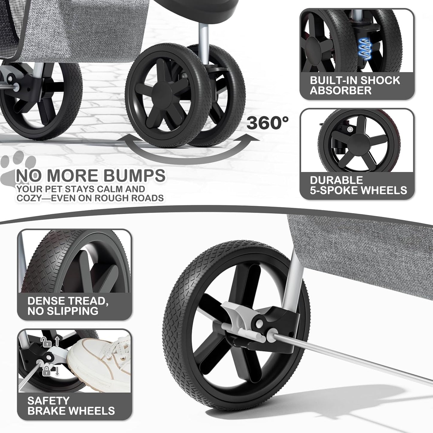 MoNiBloom 3 Wheels Pet Dog Cat Stroller for Small Medium Dogs and Cats, Lightweight Foldable Jogger Stroller w/Storage Basket and Cup Holder, Gray