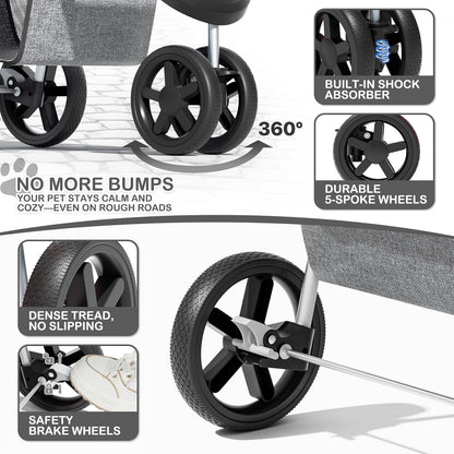 MoNiBloom 3 Wheels Pet Dog Cat Stroller for Small Medium Dogs and Cats, Lightweight Foldable Jogger Stroller w/Storage Basket and Cup Holder, Gray