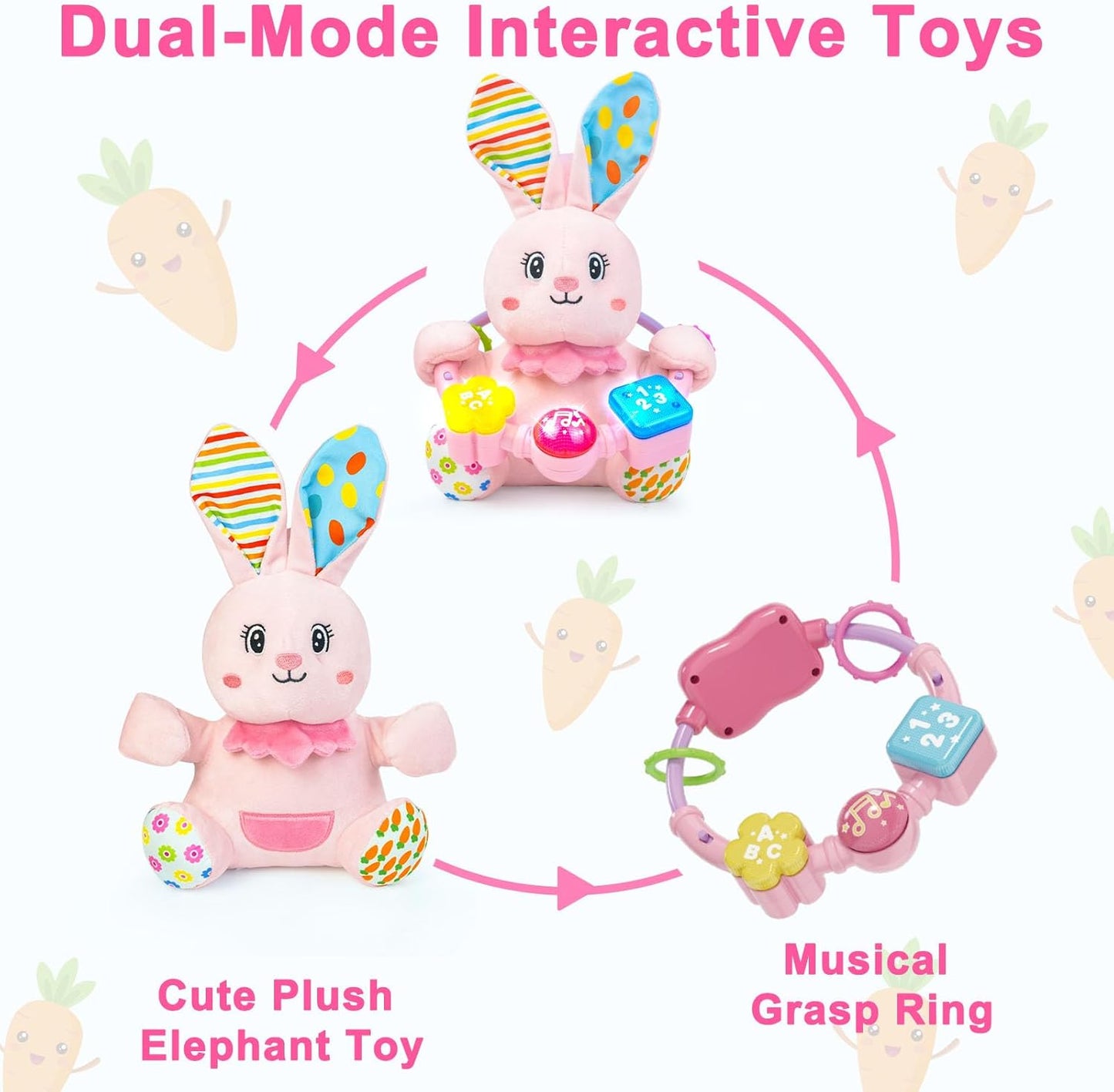 Baby Rabbit Musical Stuffed Animals Toy,Infant Bunny Bilingual Early Learning Education Toy with Light-Up Music & Crinkle,1st Easter Basket Shower Stuffers for 0 1 2 3 6 9 12 18 Month Girl,Pink