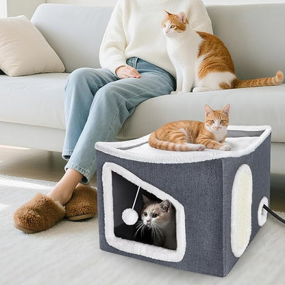 Heated Cat House for Indoor, Large Cat Bed with Heating Pad, Adjustable Temperature & Timing, with Fluffy Ball Hanging and Scratch Pad, Foldable Pet Hideaway for Small Medium and Large Cats（XL）