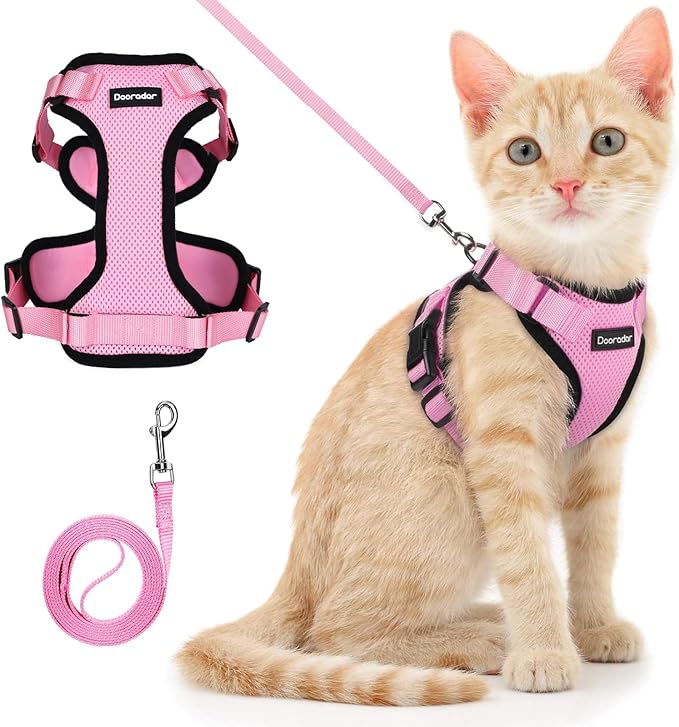 Dooradar Cat Harness and Leash Set, Escape Proof Safe Adjustable Kitten Vest Harnesses for Walking, Easy Control Soft Breathable Mesh Jacket with Reflective Strips for Cats, Pink, M