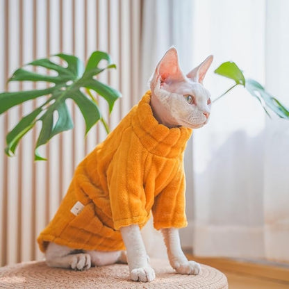 Turtleneck Sweater for Sphynx Cat Soft Coral Fleece Cat Clothes Thick Winter Warm Outfit Coat for Hairless Cats and Small Dogs Apparel with Sleeves (Orange, M (5-7 lbs))
