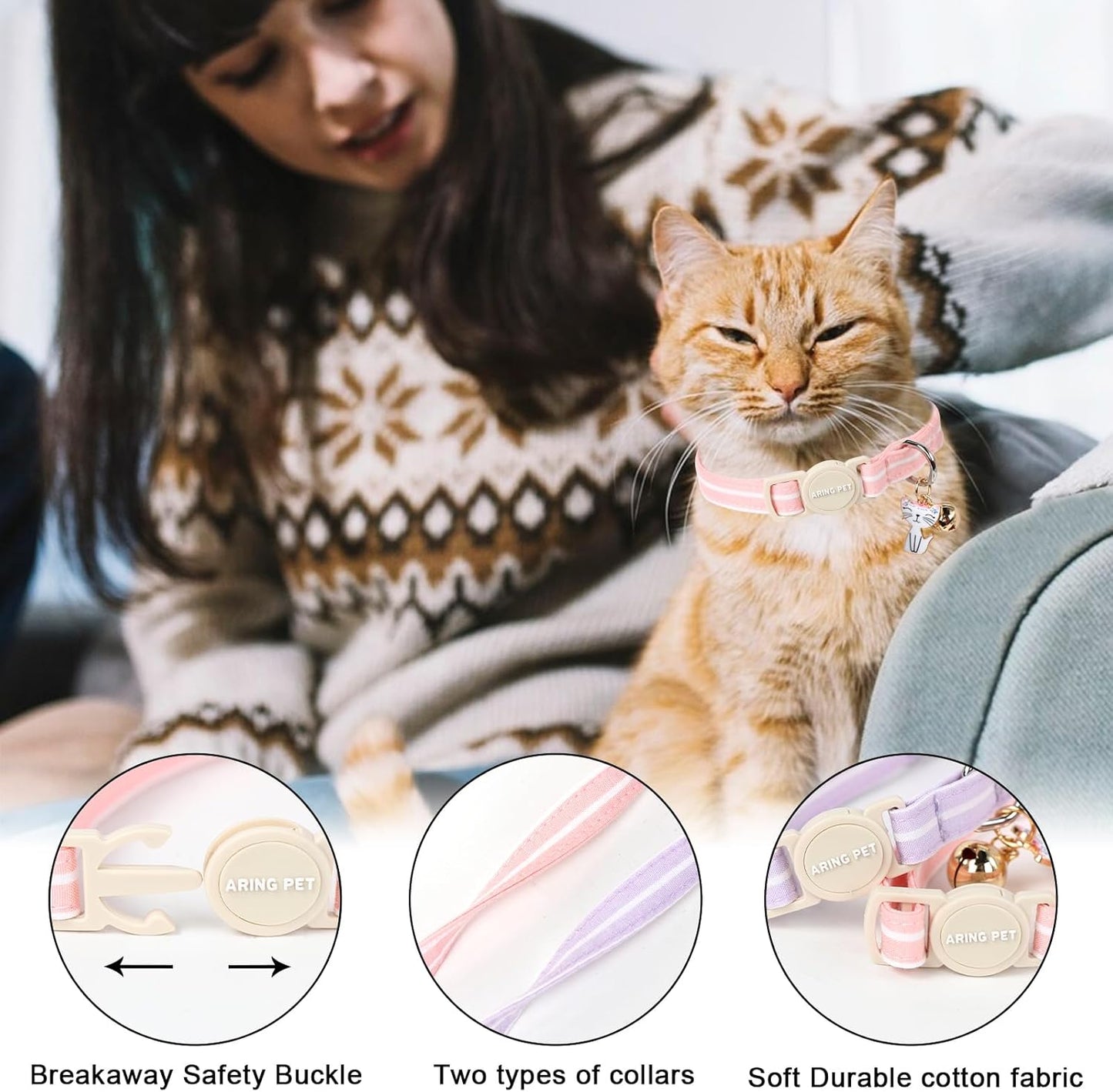 ARING PET 2 Pack Cat Collar-Cute Cotton Cat Collar with Bell & Pendant, Adjustable Pink Lavender Striped Kitten Collars with Safety Buckle for Girl and Boy Pets
