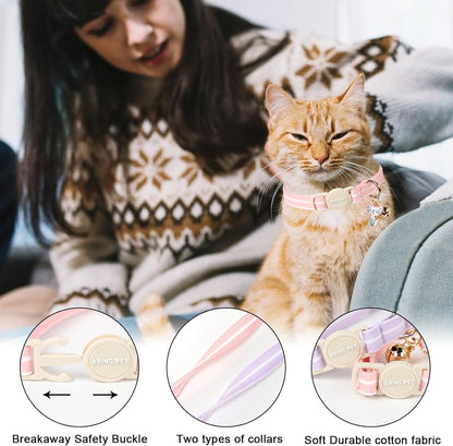 ARING PET 2 Pack Cat Collar-Cute Cotton Cat Collar with Bell & Pendant, Adjustable Pink Lavender Striped Kitten Collars with Safety Buckle for Girl and Boy Pets