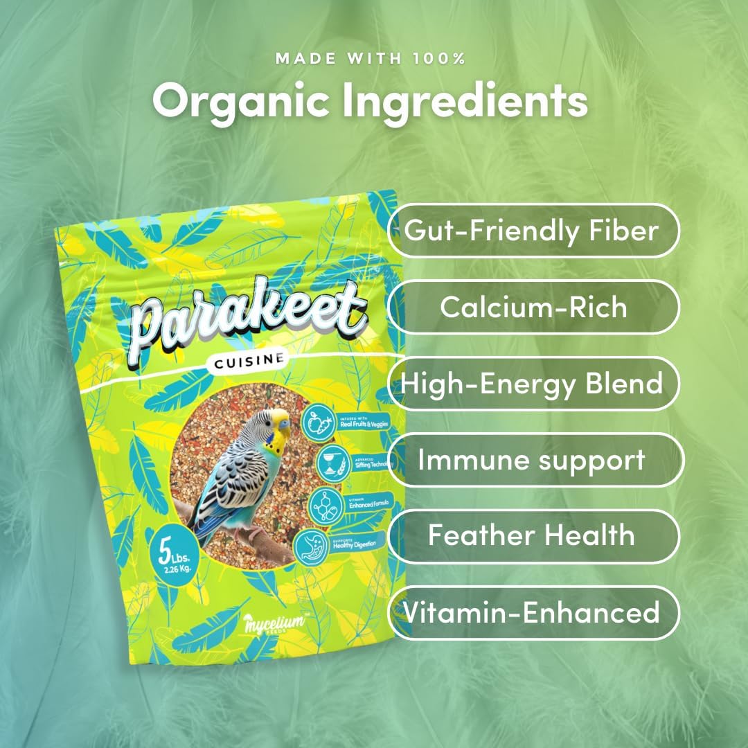 Mycelium Parakeet Cuisine Bird Food (5 LB Bag) | Organic, Nutritious Parakeet Feed with Real Fruits, Veggies & Vitamins | Supports Digestion & Daily Energy | Non-GMO, Filler-Free, Made in USA