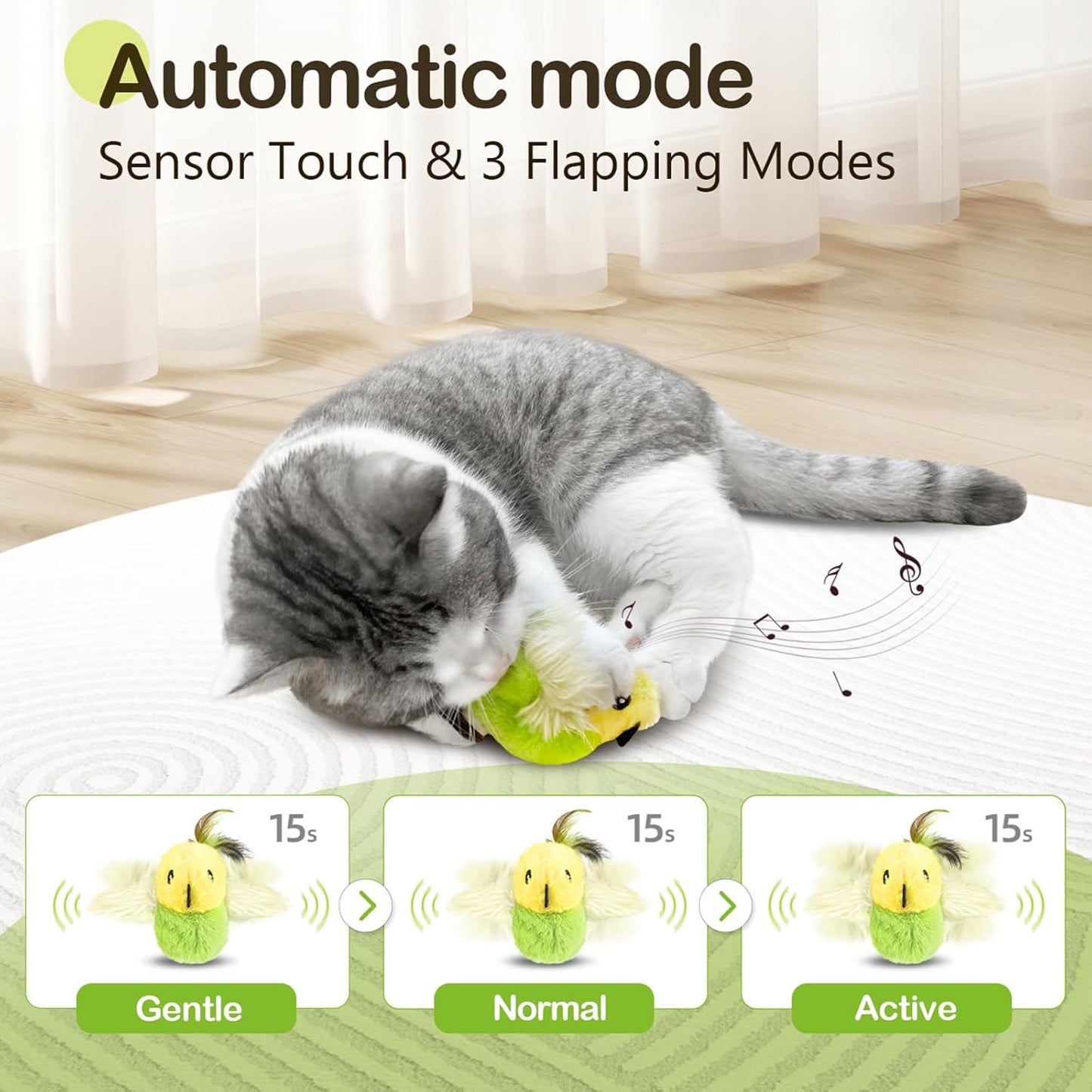 Migipaws Cat Toys,Interactive Lifelike Amakihi Flying Flapping Bird with Catnip, Feathers Hanging by Elastic String, Automatic Chirping Kitten Toys for Indoor Cats Self Play, Rechargeable(Green)