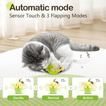 Migipaws Cat Toys,Interactive Lifelike Amakihi Flying Flapping Bird with Catnip, Feathers Hanging by Elastic String, Automatic Chirping Kitten Toys for Indoor Cats Self Play, Rechargeable(Green)