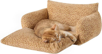 Hollypet Cat Bed Fluffy Plush Mutifuctional Double-Layer Soft Pet Couch Orthopedic Sofa Nest Beds for Small Cats and Dogs, Yellow Leopard (21x15x8 inch)
