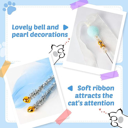 Interactive Cat Toys - 4-in-1 Cat Teaser Wand Toy and Feather Toys Refills for Indoor Cats to Chase and Exercise Design for Large and Small Cats