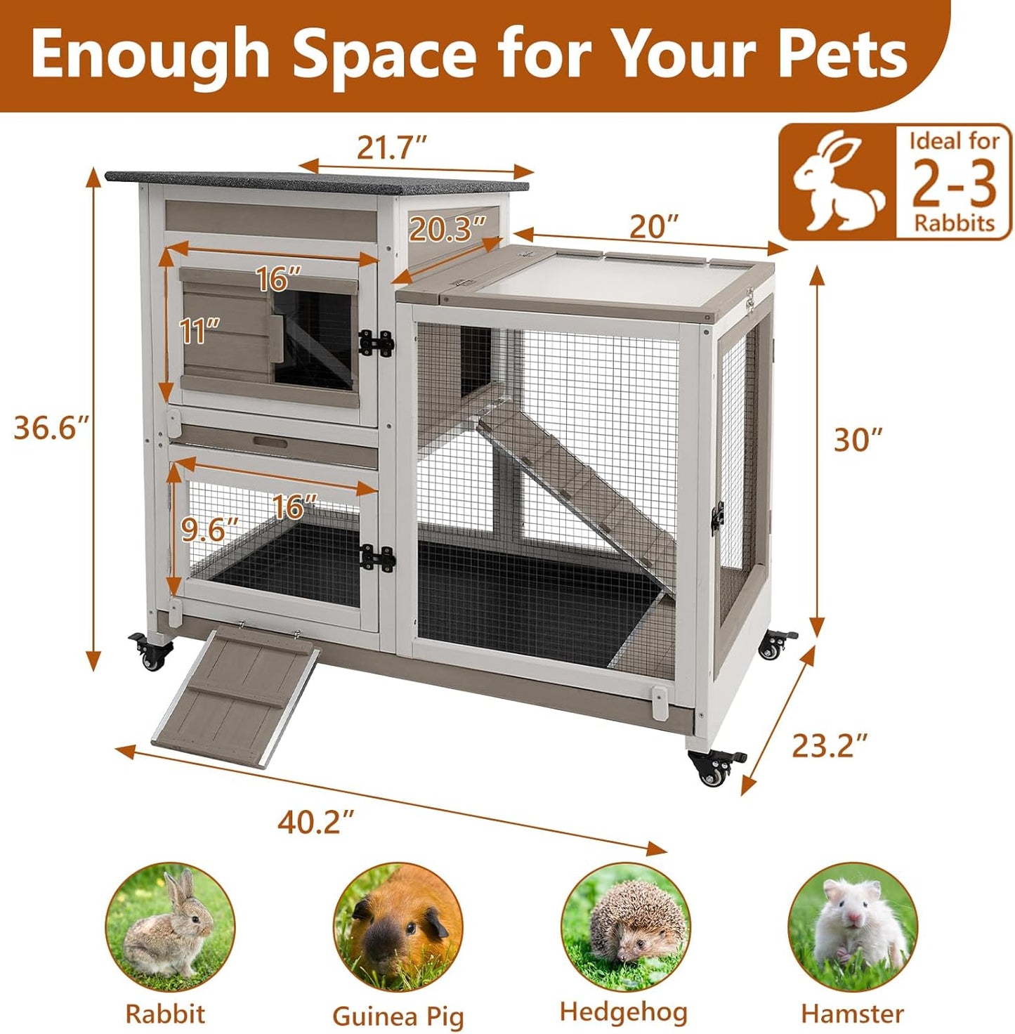2 Story Rabbit Hutch Indoor with 2 Deeper Pull-Out Trays, Wooden Rabbit Cage with 4 Lockable Wheels, Ramp, Chew-Anti Metal Strip for Rabbit, Guinea Pig, Hamster(40.2" L X 23.2" W X 36.6" H)